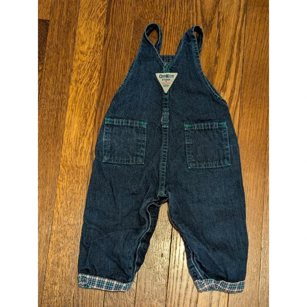 Vtg Oshkosh B'Gosh Denim Overalls Baby 6-9 Mos Airplanes Plane Plaid Bear‎ USA